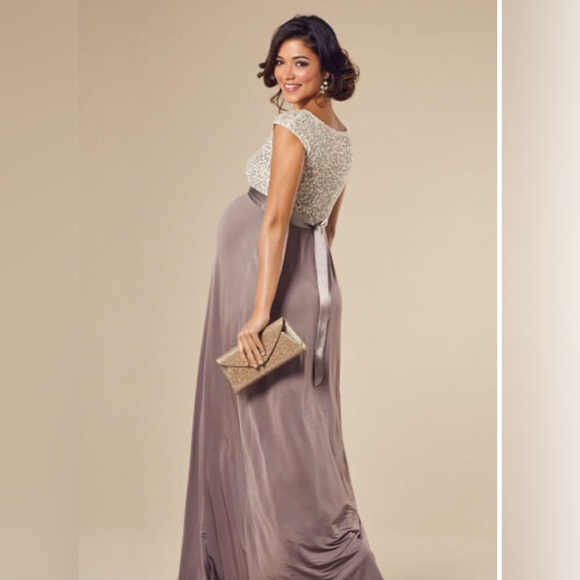 Tiffany Rose Maternity Mia Sequin Embroidered Full Length Gown - Dusky Truffle - Picture 4 of 8
